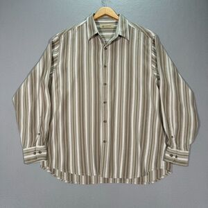 Tommy Bahama Shirt Mens Extra Large Beige White Stripes Silk Long Sleeve Formal‎
